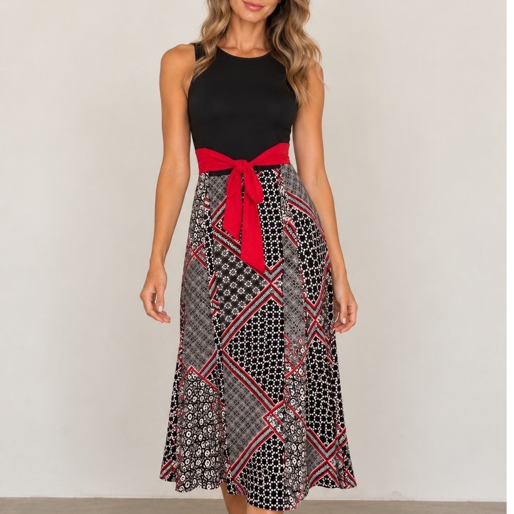 Black Red Geometric Sundress Midi Dress Tie Waist Sleeveless Size 6 NWT